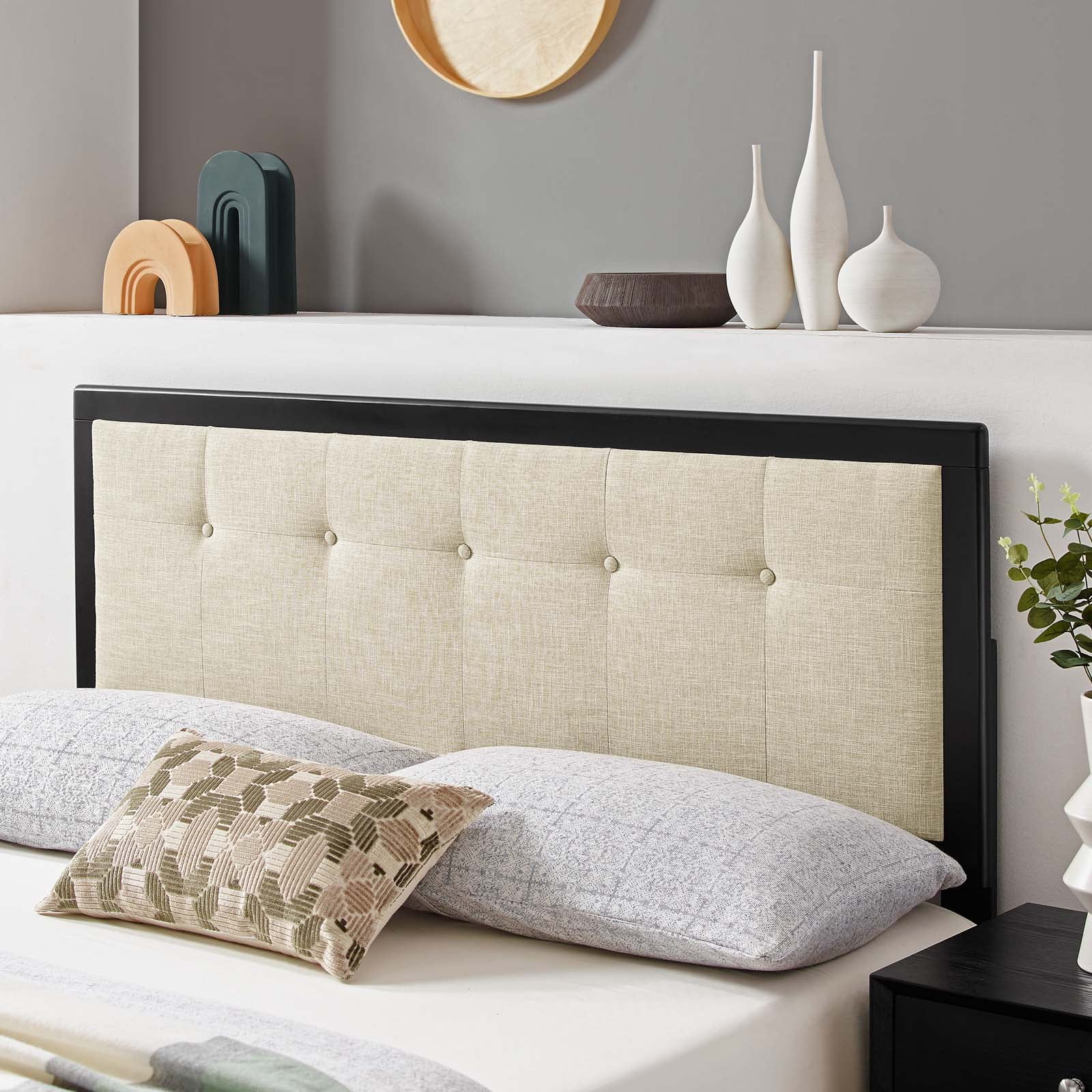 Modway Draper Tufted Queen Fabric and Wood Headboard in Black/Beige