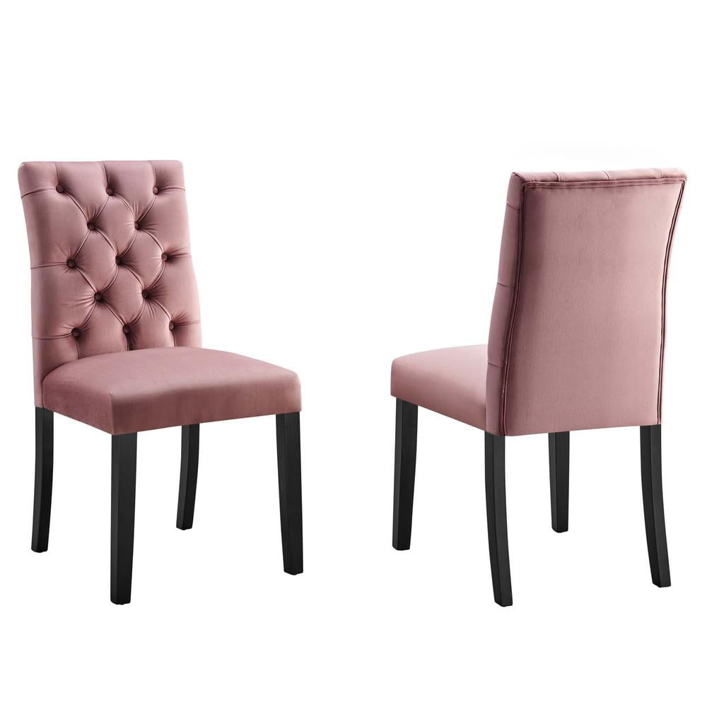 Dusty Rose Velvet Curvy Tufted Side Chair with Wood Legs