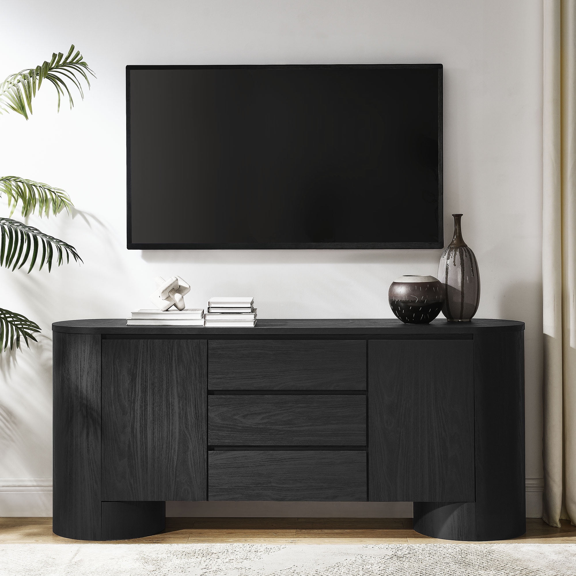 Duval 71" Black MDF Oval Sideboard with Drawers and Doors
