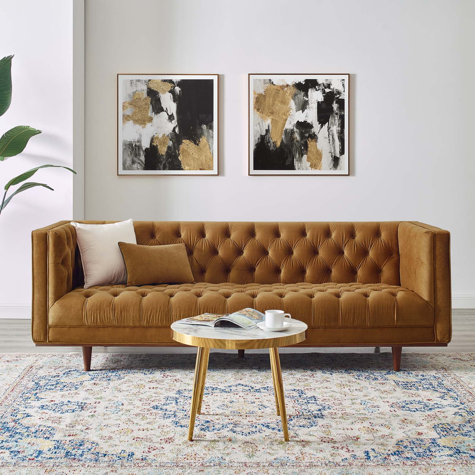 Cognac Tufted Faux Leather Sofa with Track Arm and Wood Frame