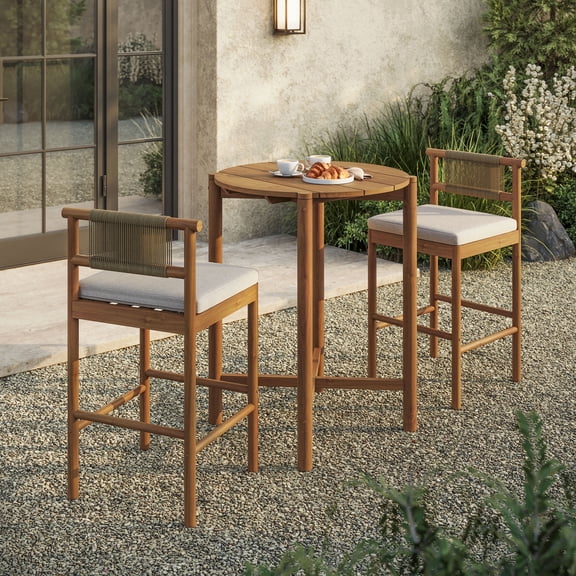 Modway Eleni 3-Piece Outdoor Teak Wood Bar Set in Natural Sail
