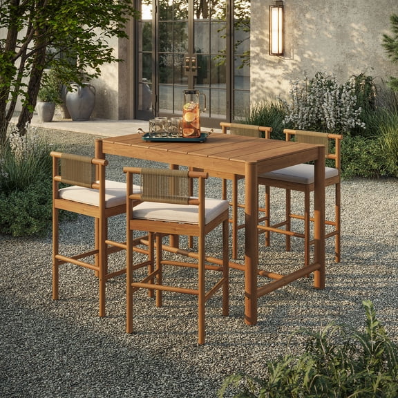 Modway Eleni 5-Piece Outdoor Teak Wood Bar Set in Natural Sail