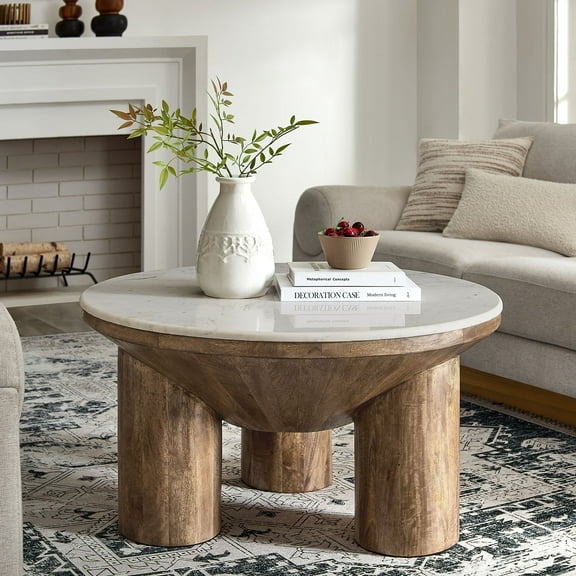 Modway Ellison 33" Round Wood Coffee Table With Marble Top in Walnut
