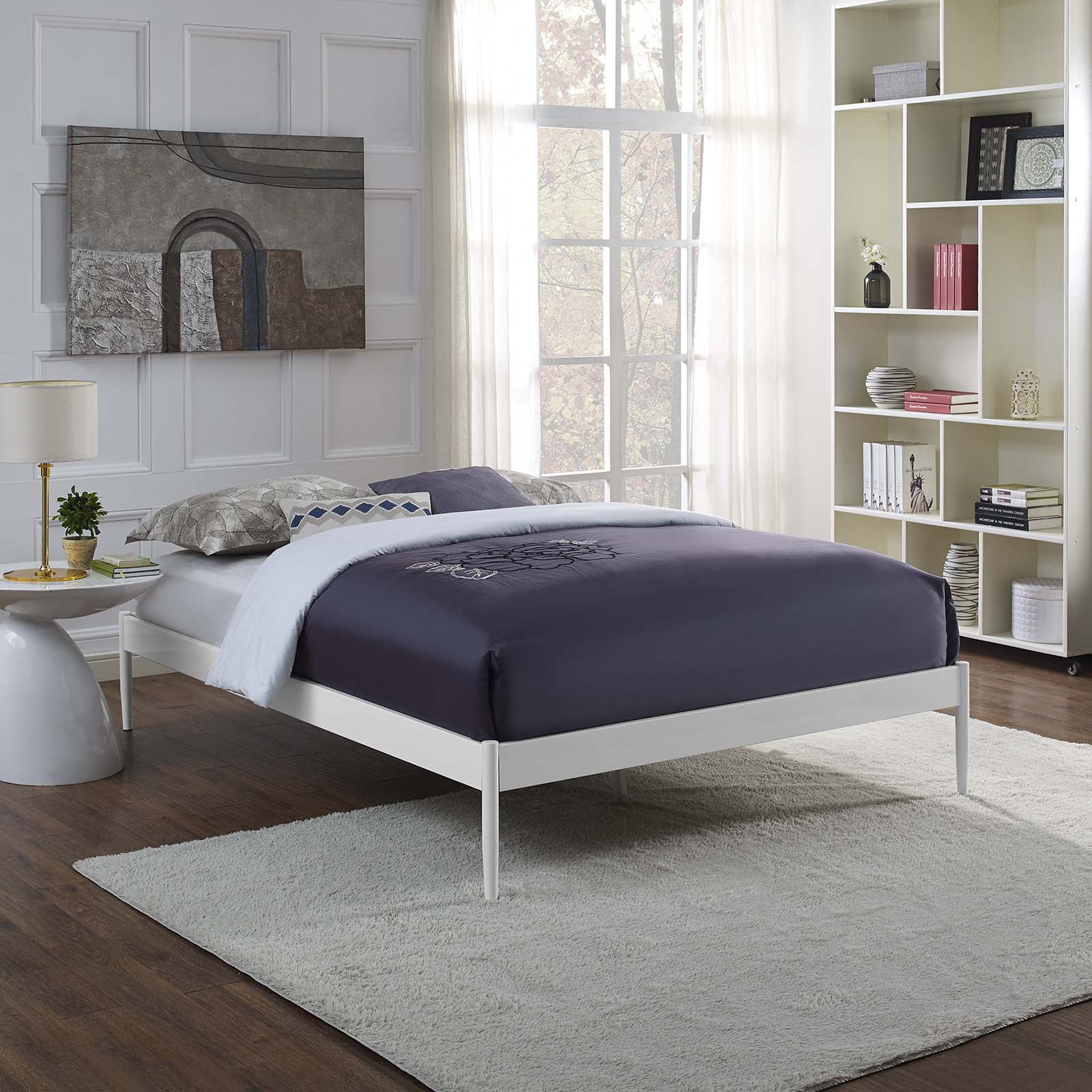 Elsie Queen White Upholstered Metal Bed Frame with Slats