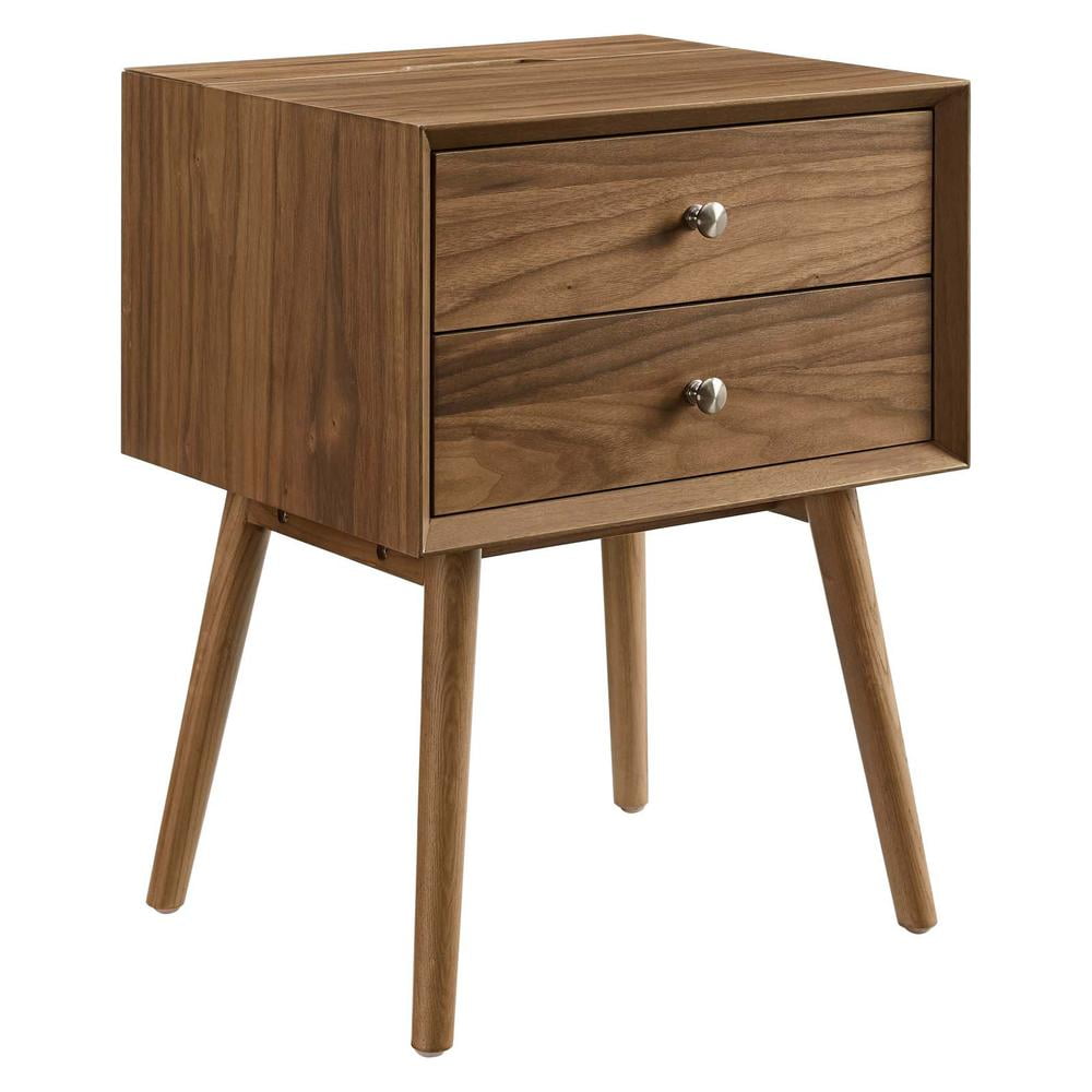 Walnut Wood Mid-century Modern Nightstand with USB Ports