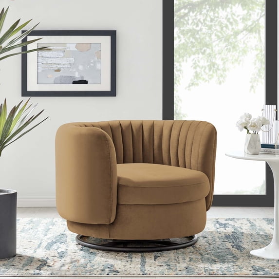 Modway Embrace Tufted Performance Velvet Swivel Chair in Black Cognac
