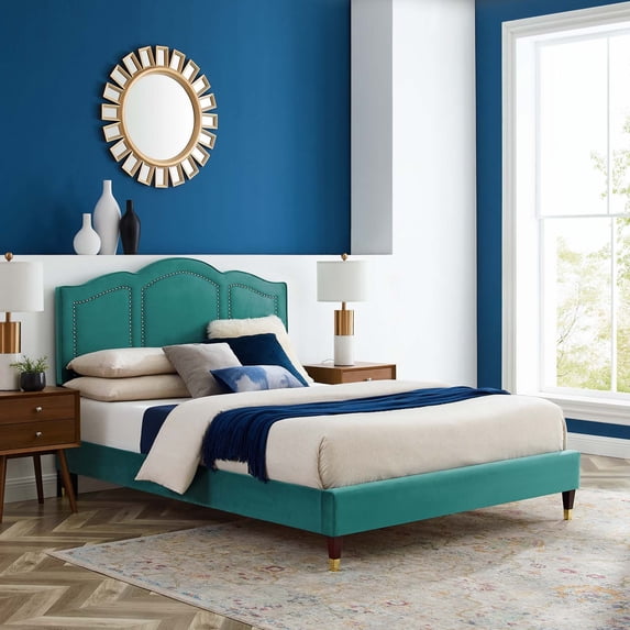 Modway Emerson Performance Velvet Full Platform Bed in Teal