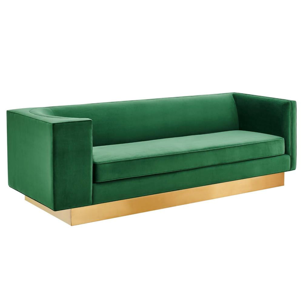 Emerald Green Velvet Sofa with Gold Base and Track Arms
