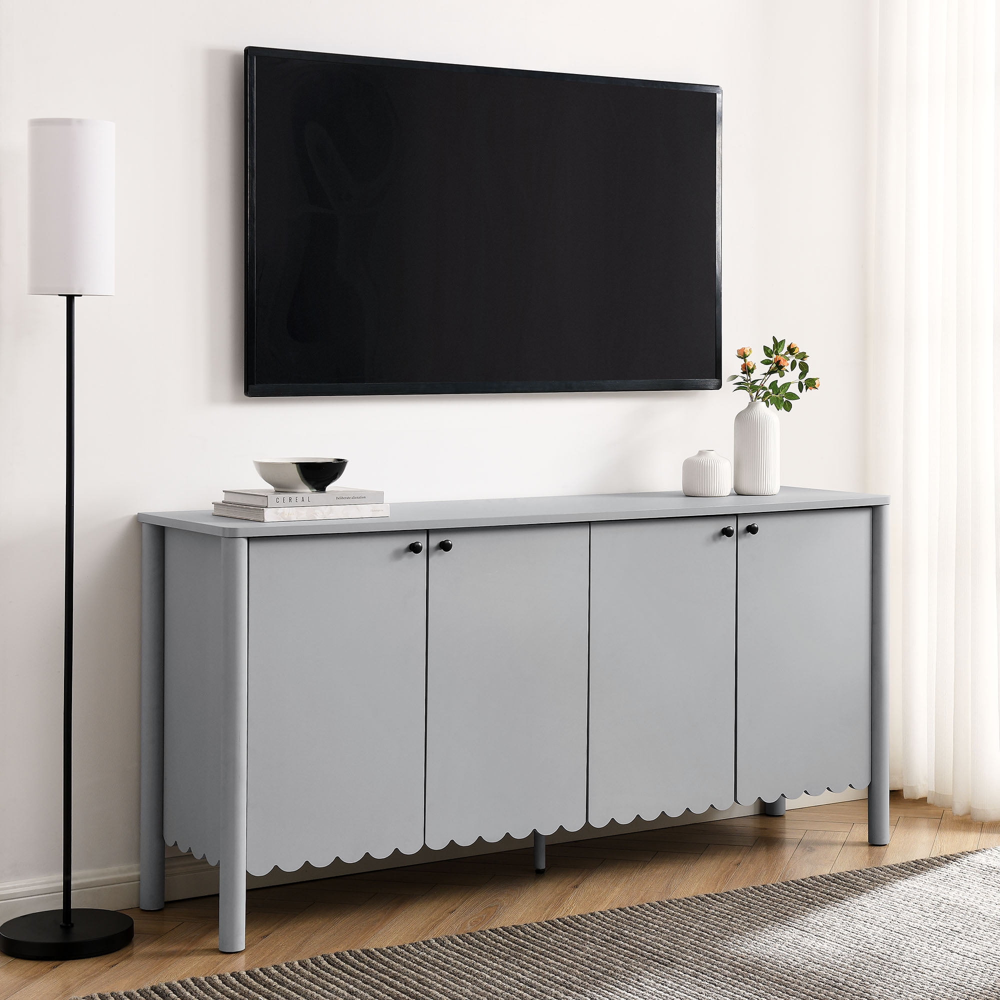 Light Gray Laminate 66" Scalloped Sideboard Cabinet