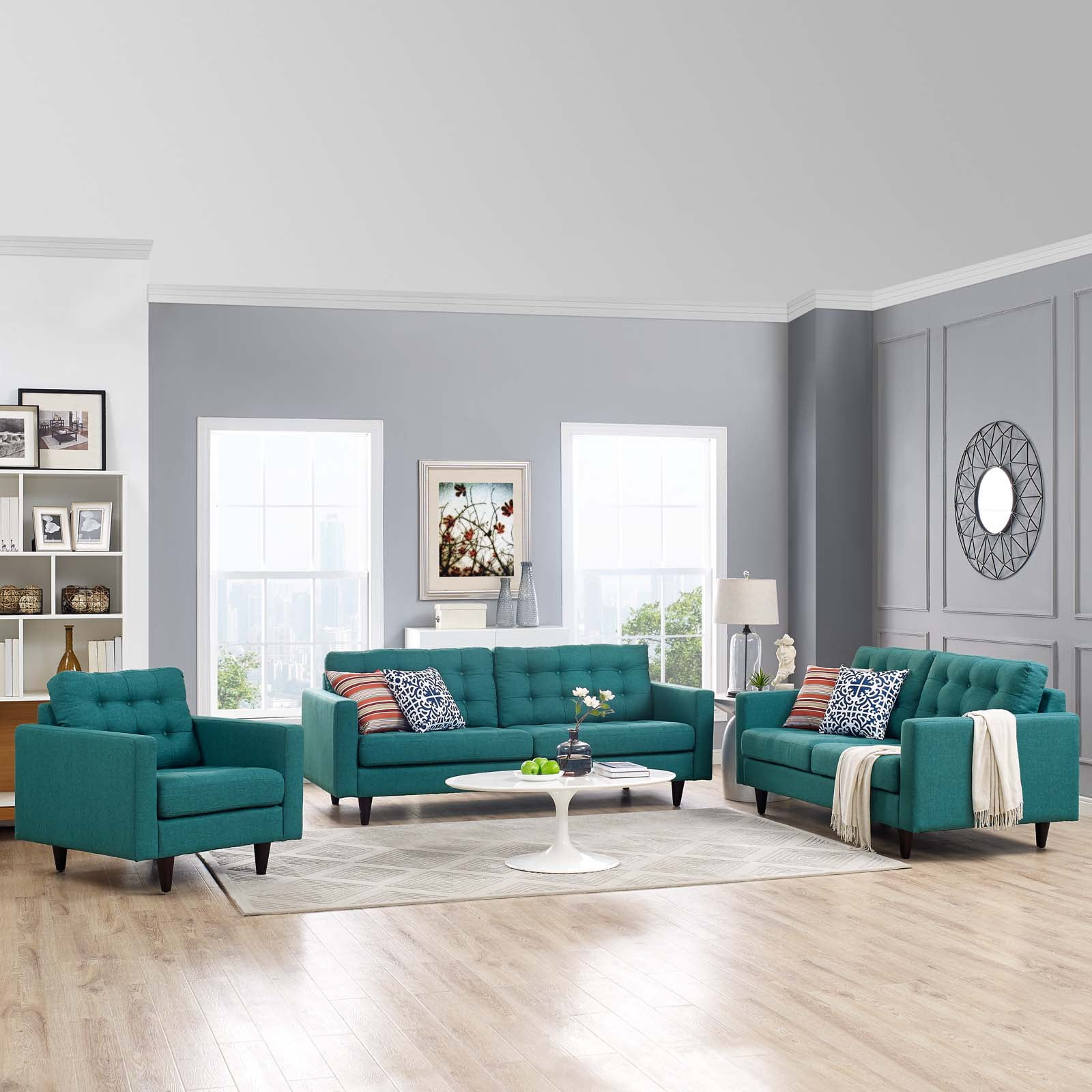 Teal Tufted Fabric 3-Piece Sofa, Loveseat, and Armchair Set