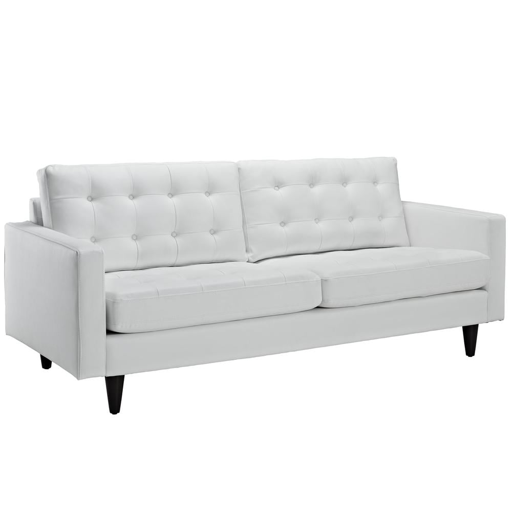 White Tufted Faux Leather Sofa with Wood Legs