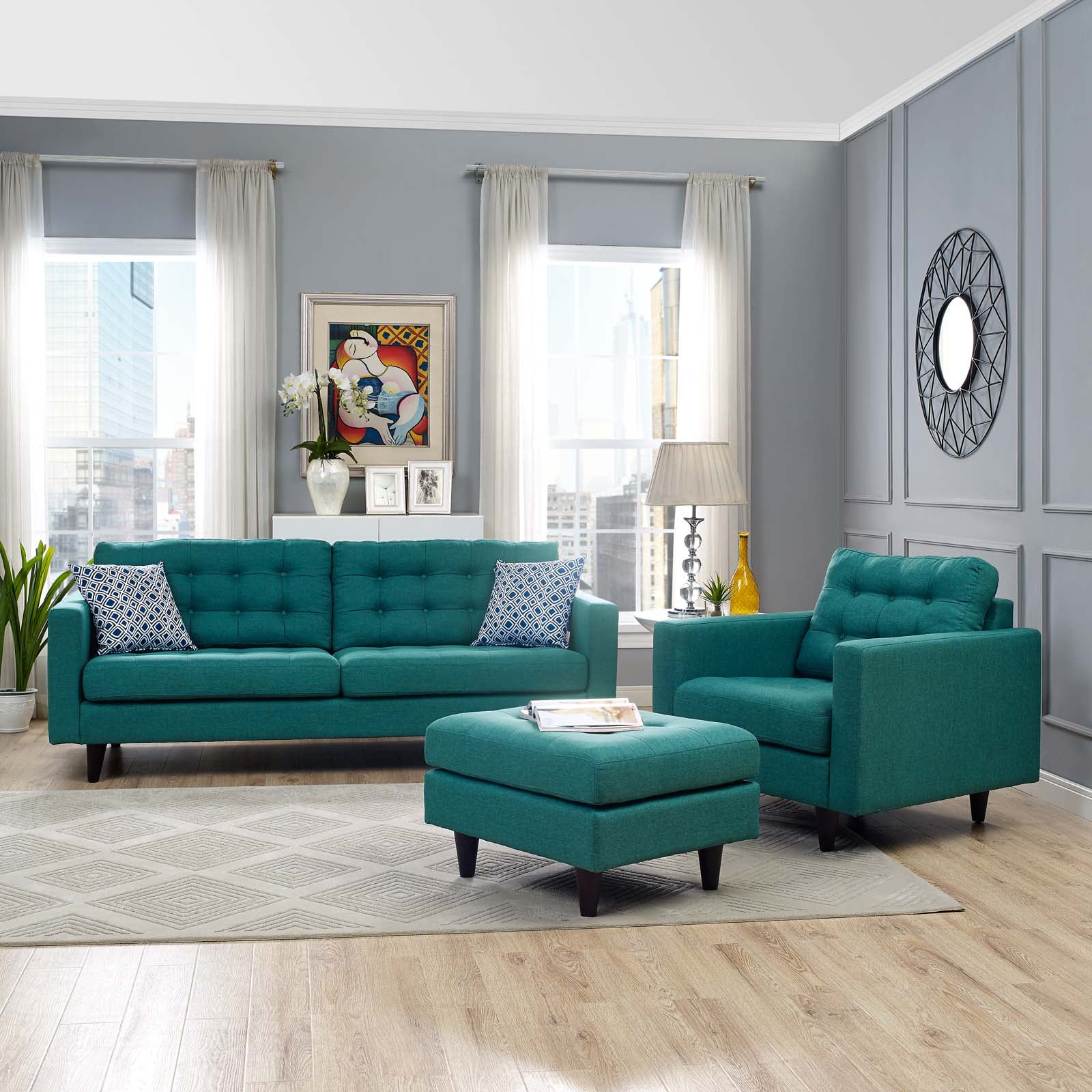 Empress Teal Mid-Century Modern 2-Piece Sofa and Armchair Set