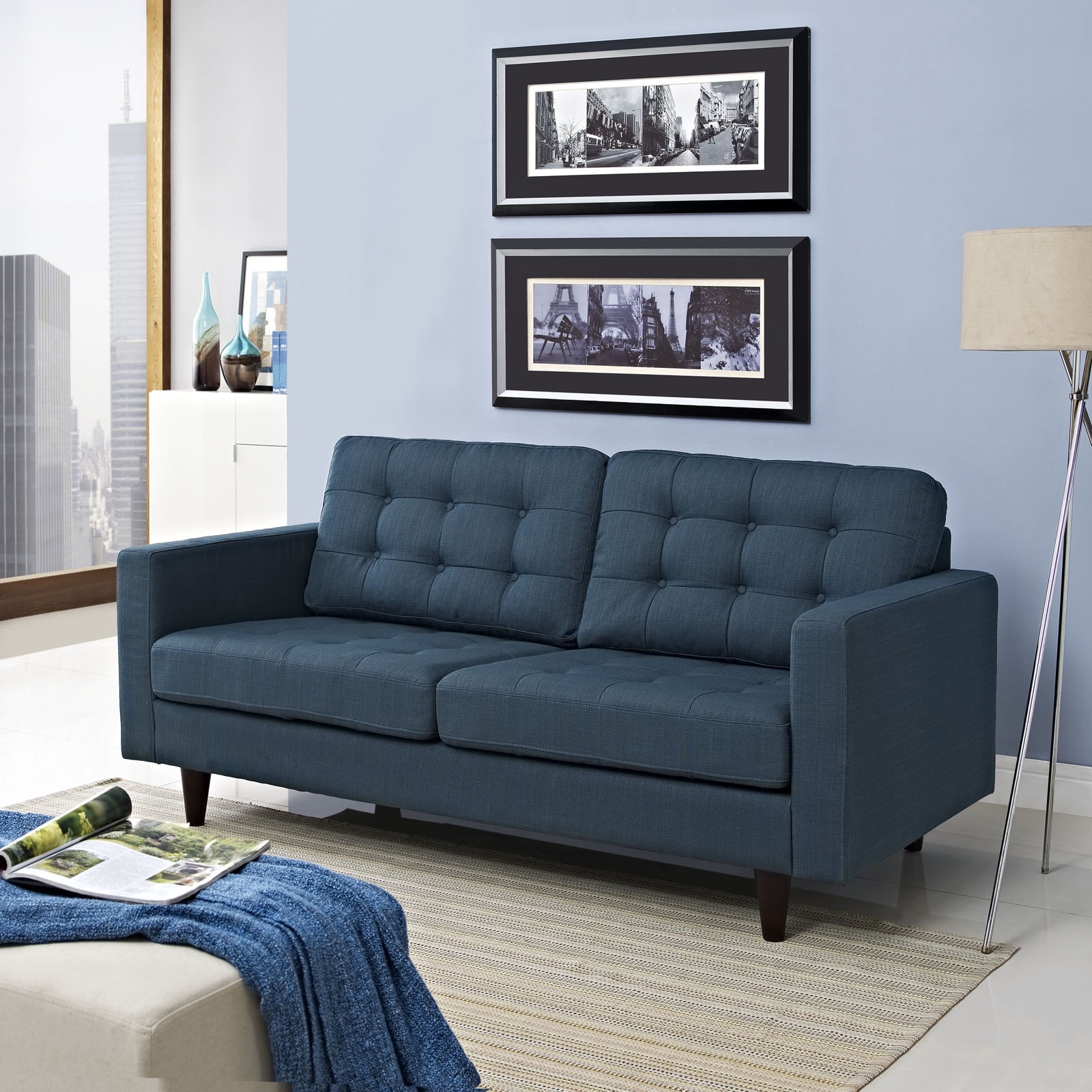 Azure Tufted Fabric Loveseat with Solid Wood Legs