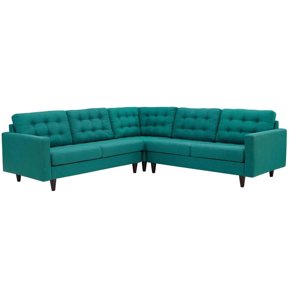 Teal Blue Tufted Fabric Three Piece Sectional Sofa