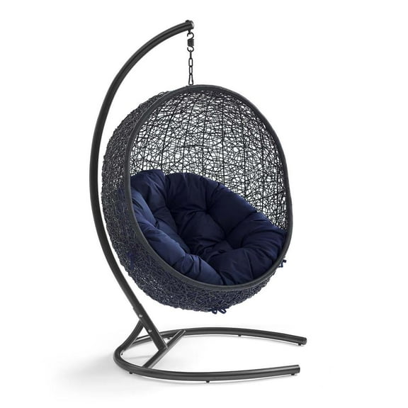 Modway Encase Modern Rattan/Fabric Outdoor Swing Chair with Stand in Black/Navy
