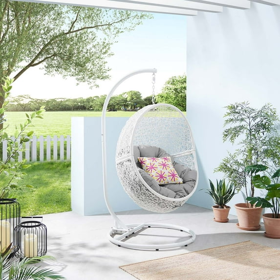 Modway Encase Outdoor Synthetic Rattan Swing Chair in White and Gray