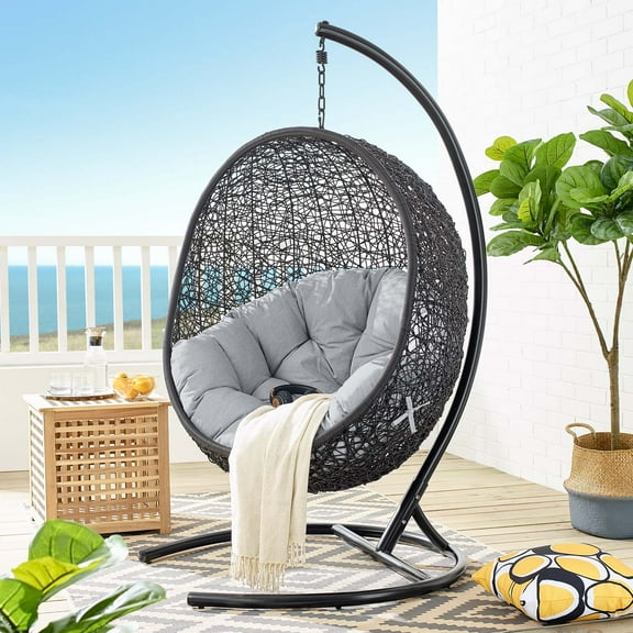Modway Encase Sunbrella Swing Outdoor Patio Lounge Chair in Black Gray