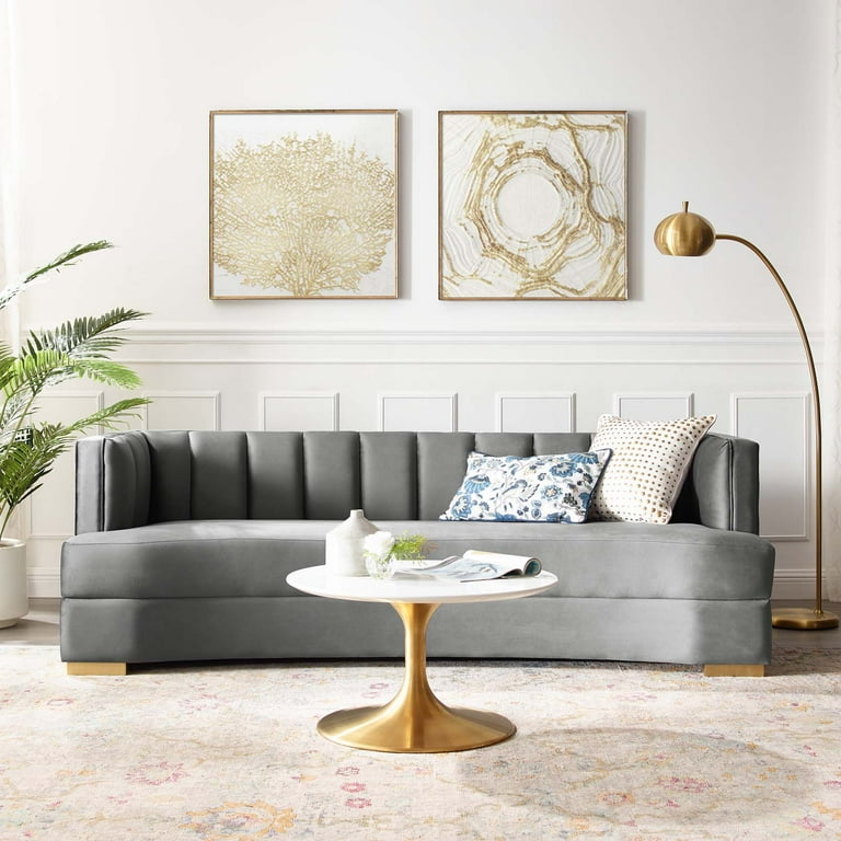 Grey velvet curved sales sofa