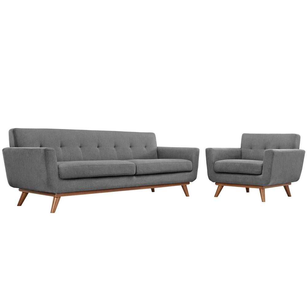 Modway Engage Mid-Century Modern Upholstered Leather Two Armchair Set in Expectation Gray