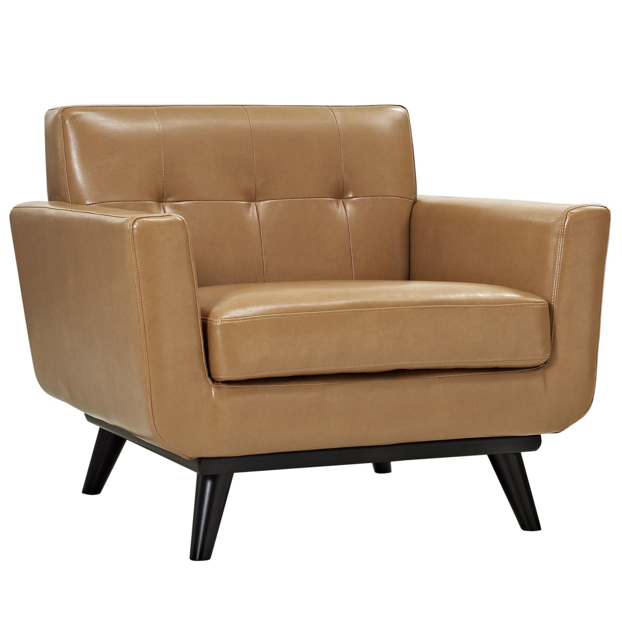Mid-Century Tan Leather Accent Chair with Rubberwood Legs