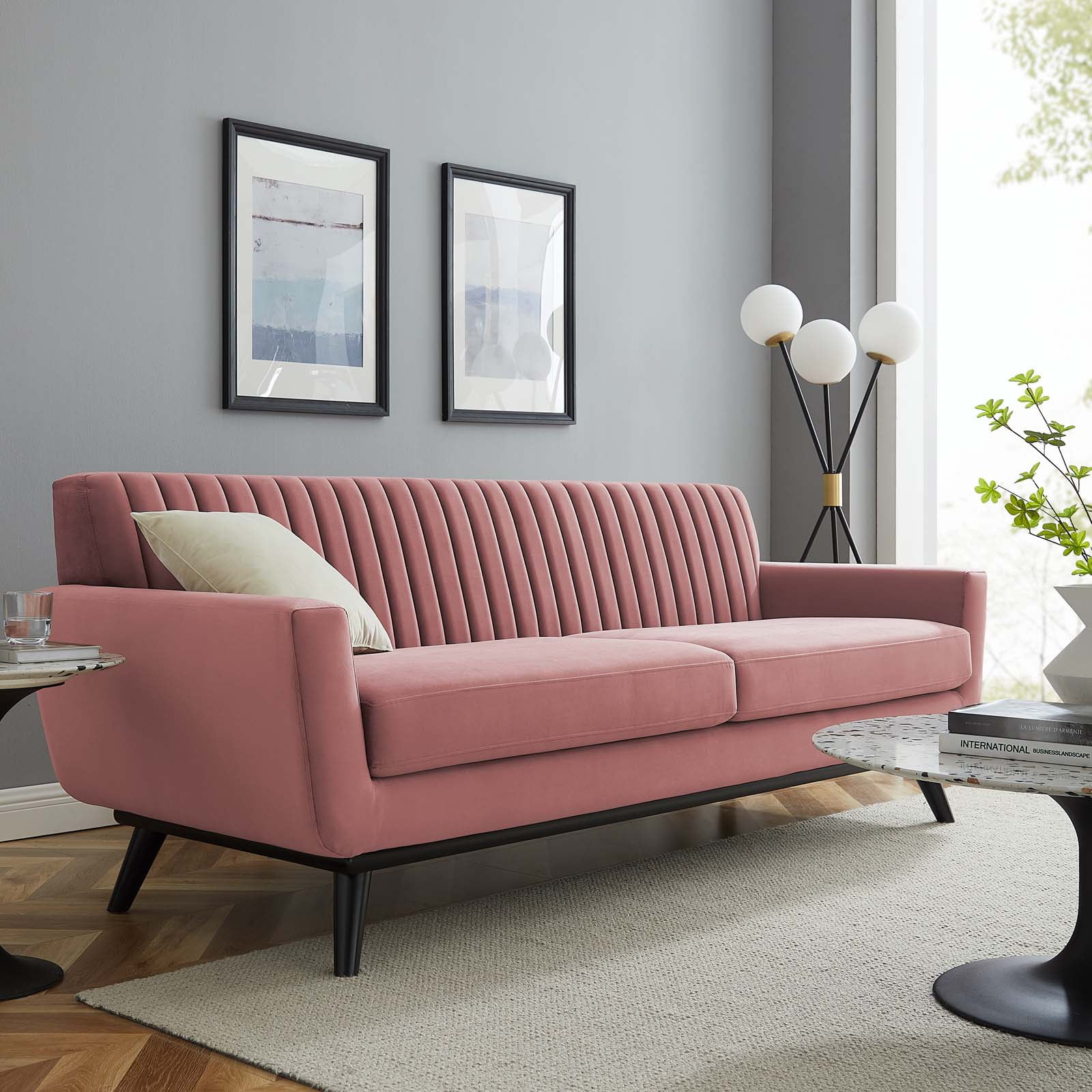 Dusty Rose Velvet Tufted Lawson Sofa with Wood Frame