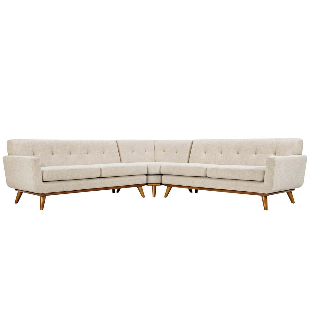 Beige L-Shaped Fabric Sectional Sofa with Rubberwood Legs