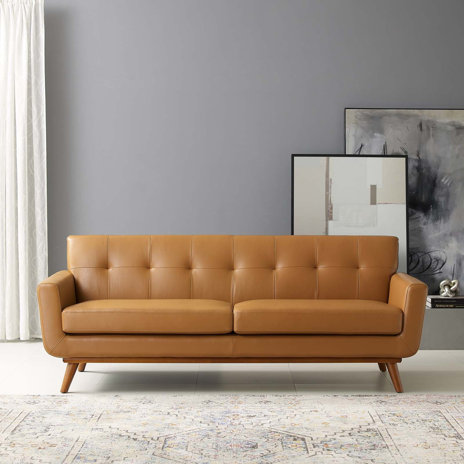 Tan Genuine Leather Tufted Sofa with Wood Legs