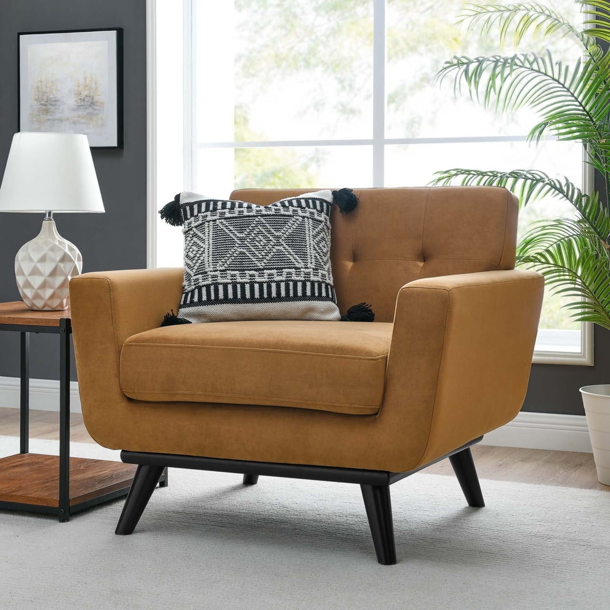 Cognac Elegance 40" Velvet Tufted Armchair with Black Wood Legs