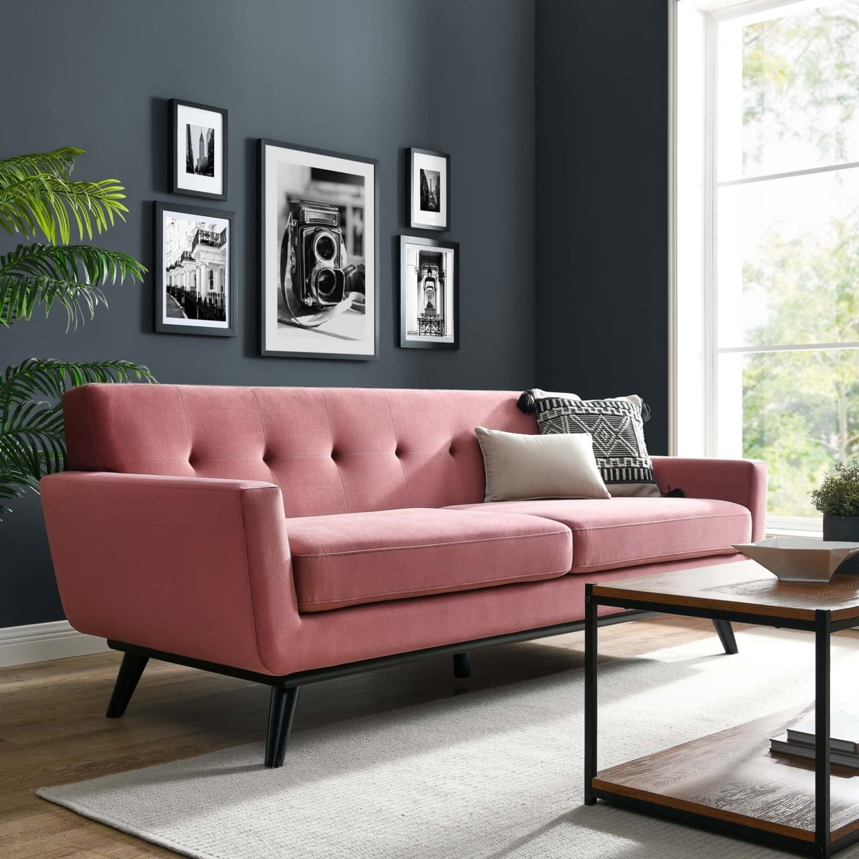 Dusty Rose Velvet Tufted Sofa with Removable Cushions, 91"