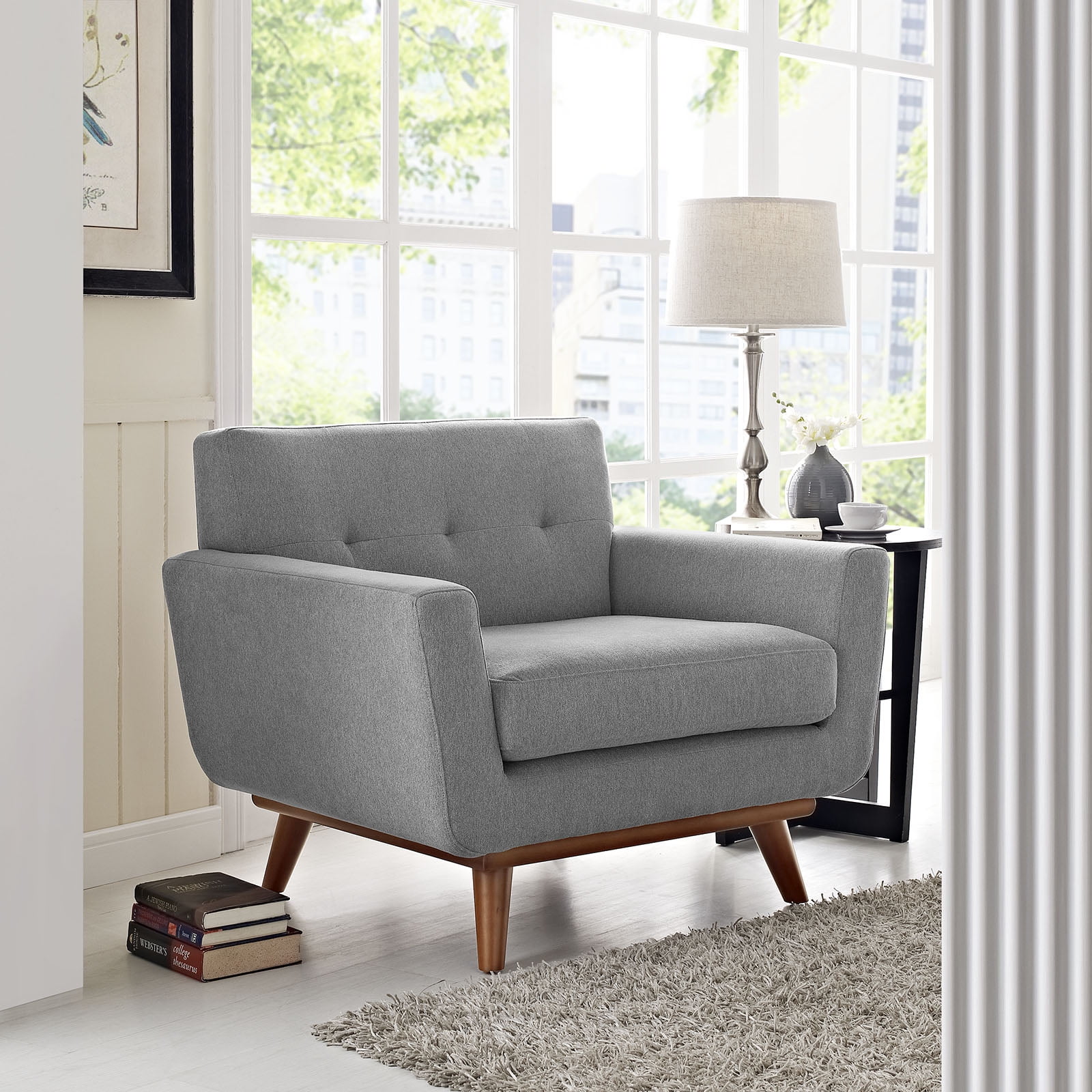 Expectation Gray Plush Upholstered Accent Chair with Cherry Wood Legs