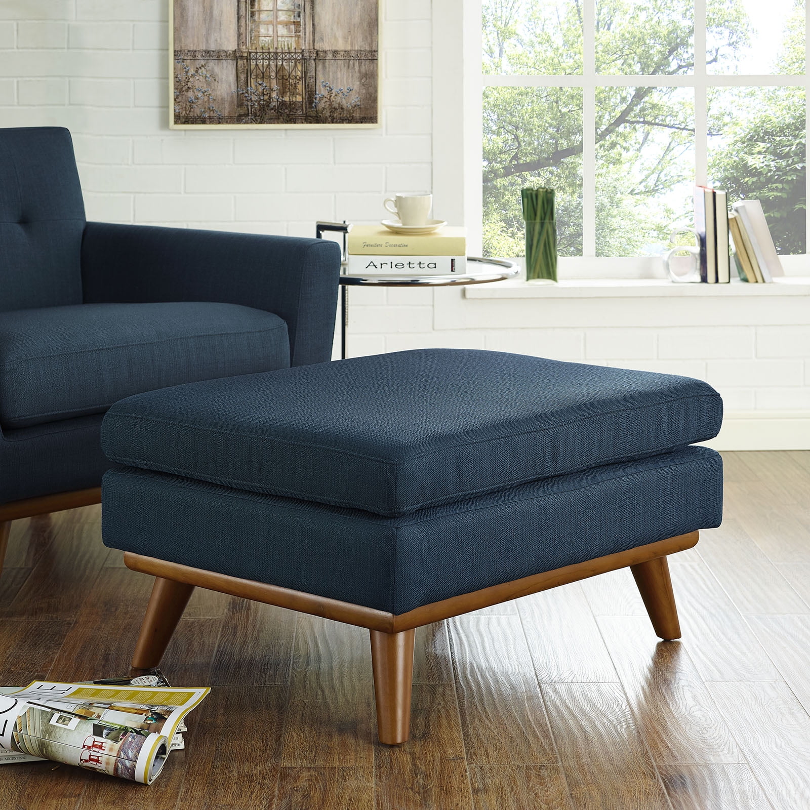 Mid-Century Azure Tufted Fabric Ottoman with Cherry Stained Rubberwood Frame