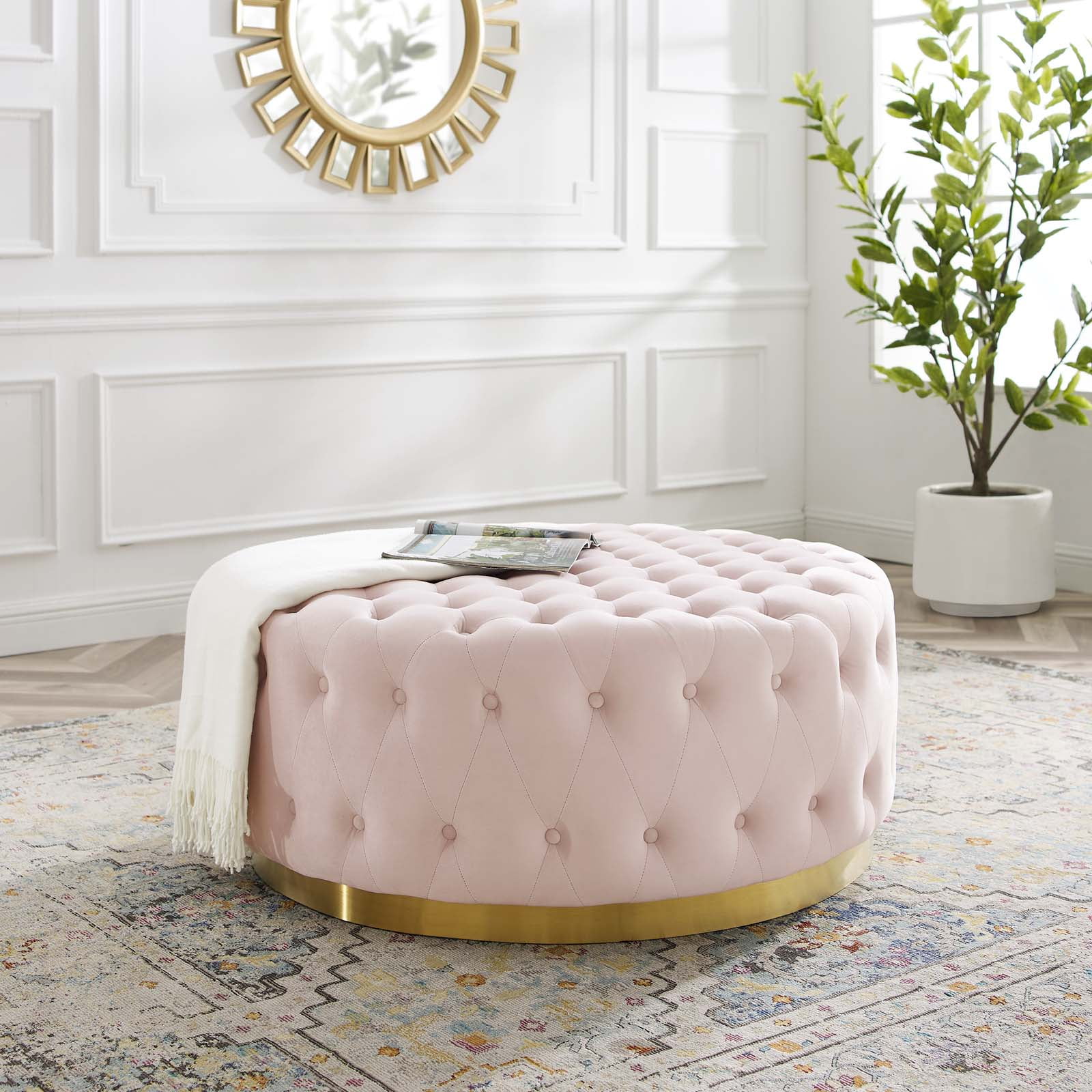 Modway Ensconce Tufted Performance Velvet Fabric Round Ottoman in Pink Sansujyuku sansujyuku.com
