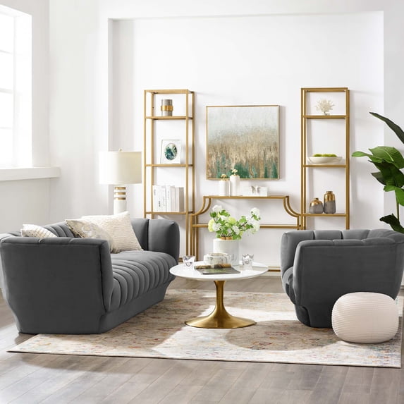 Modway Entertain Vertical Channel Tufted Performance Velvet Sofa and Armchair Set in Gray