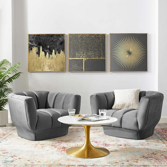 Modway Entertain Vertical Channel Tufted Performance Velvet Armchair Set of 2 in Gray