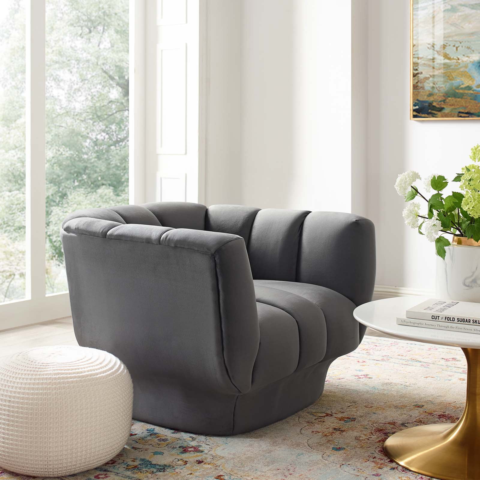 Gray Velvet Channel Tufted Accent Chair with Rimmed Base
