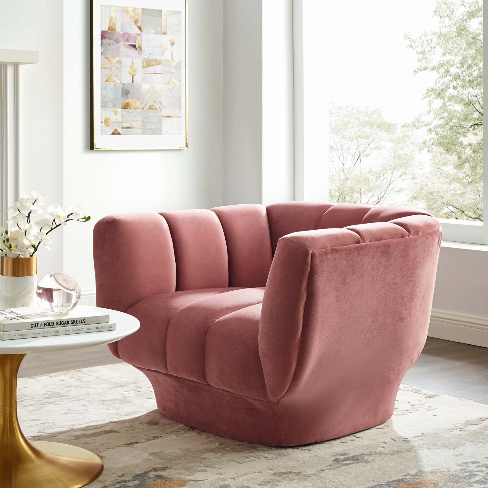 Dusty Rose Velvet Extra Wide Channel Tufted Accent Chair