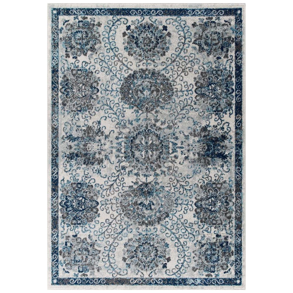 Ivory and Blue Floral Synthetic Rectangular 8' x 10' Area Rug