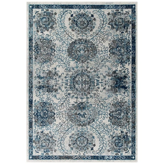 Modway Entourage Kensie Distressed Floral Moroccan Trellis 8x10 Area Rug in Ivory and Blue