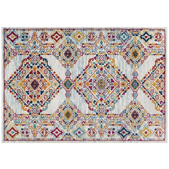 Modway Entourage Khalida Distressed Floral Lattice 8x10 Area Rug in Ivory, Blue, Orange, Yellow, Red