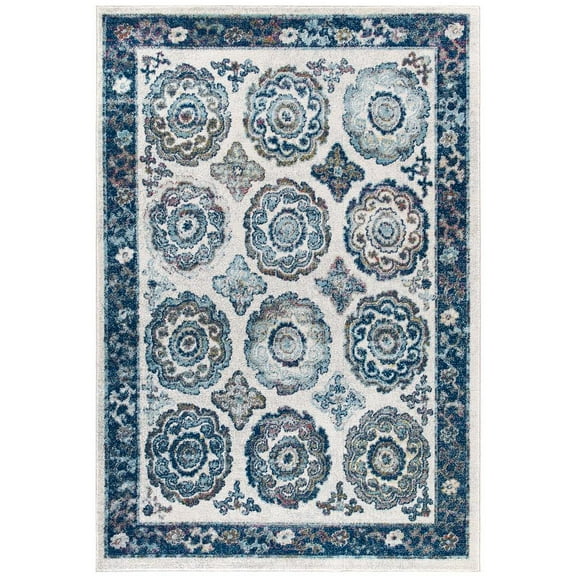 Modway Entourage Odile Distressed Floral Moroccan Trellis 8x10 Area Rug in Ivory and Blue