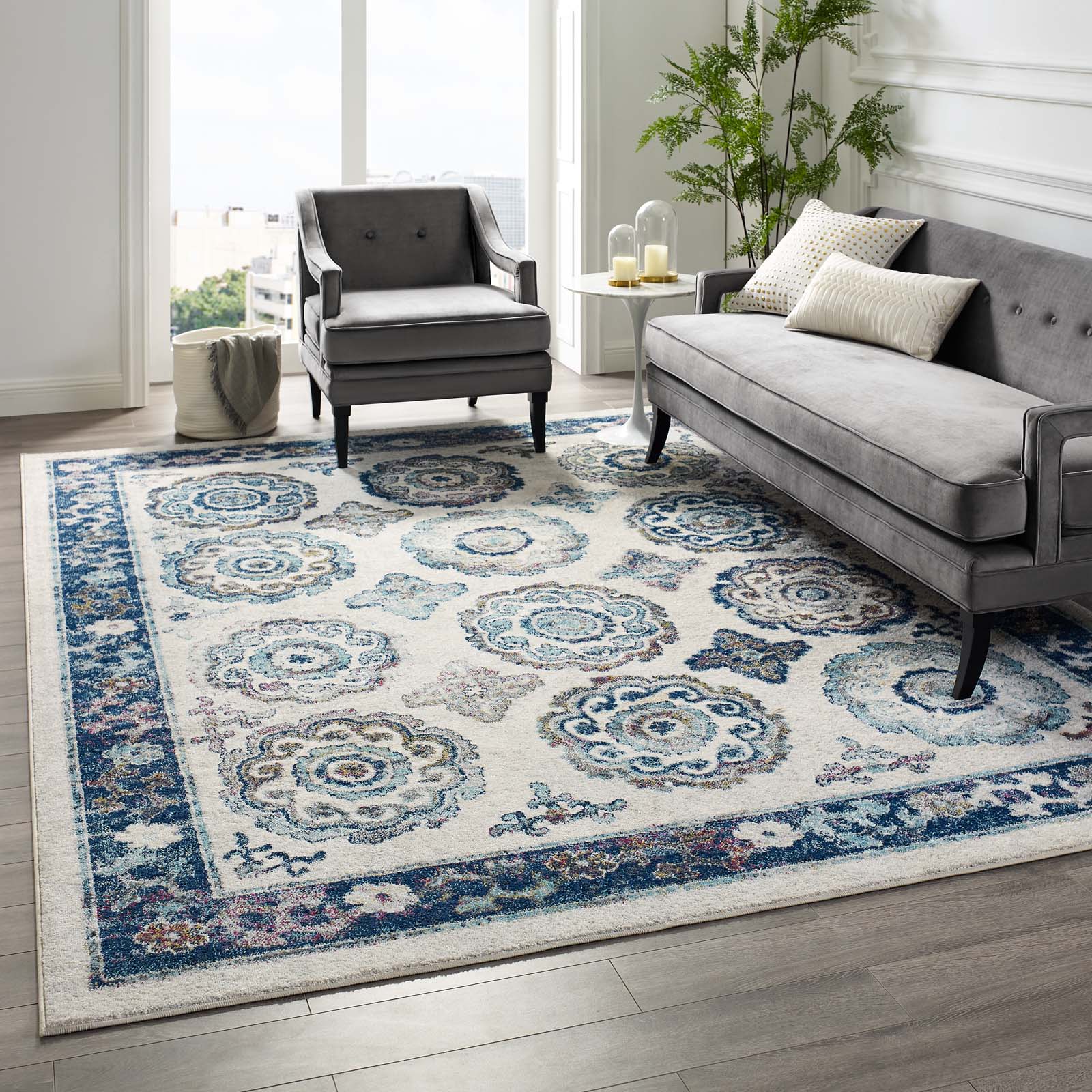 Modway Entourage Odile Distressed Floral Moroccan Trellis 8x10 Area Rug in Ivory and Blue