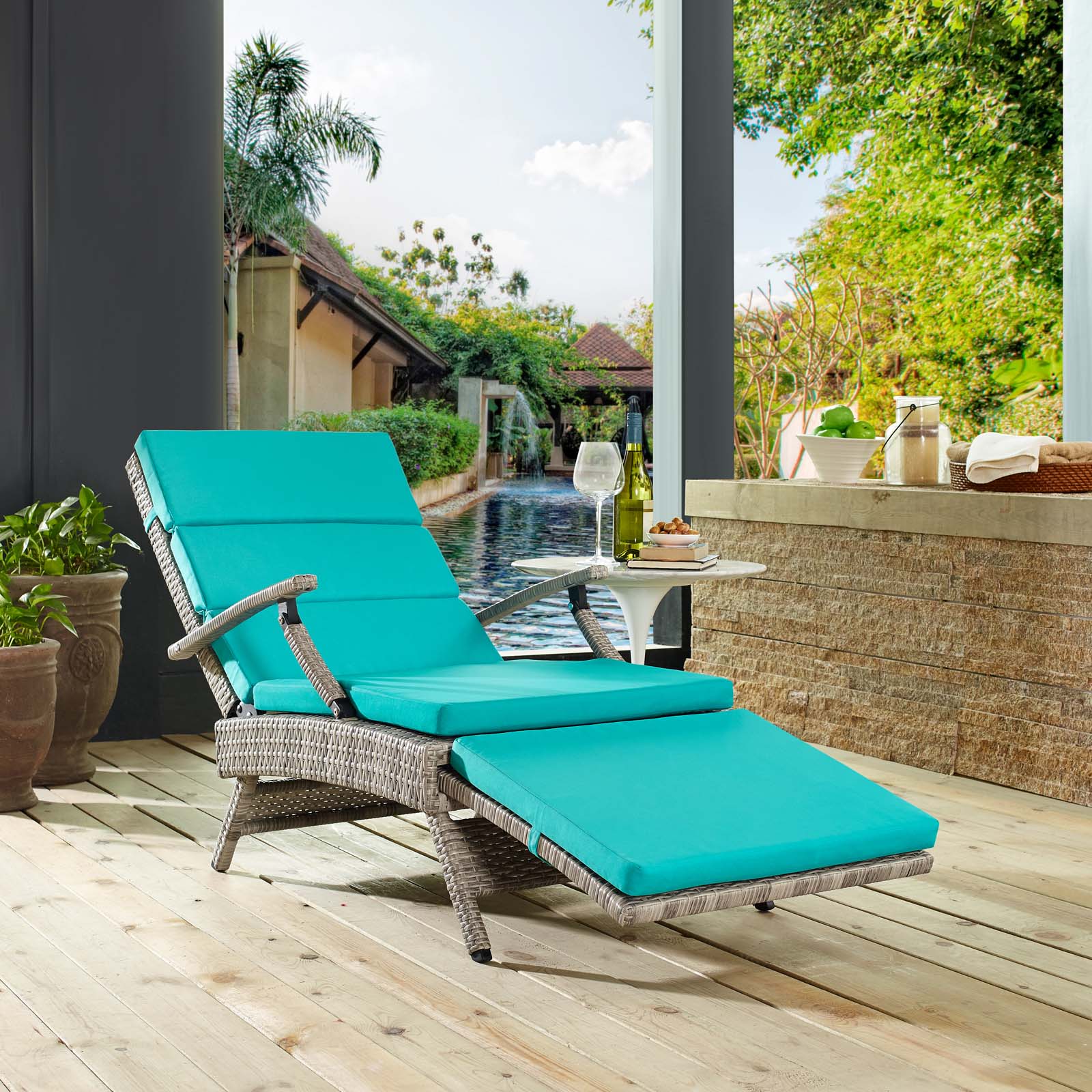 Modway Envisage Chaise Outdoor Patio Wicker Rattan Lounge Chair in Light Gray Turquoise - image 1 of 10