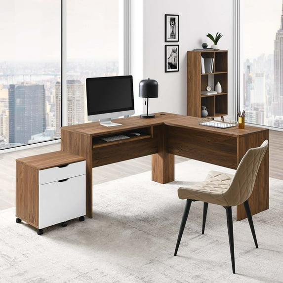 Modway Envision Particleboard MDF Wood Desk and File Cabinet Set in Walnut/White