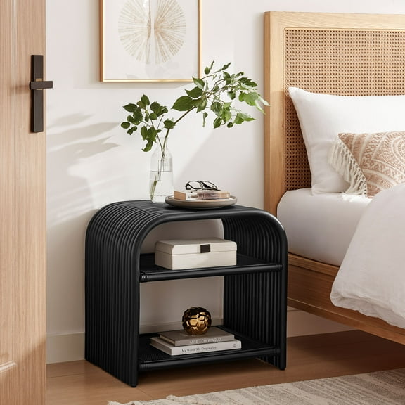 Modway Eve Curved Natural Rattan Side Table in Black