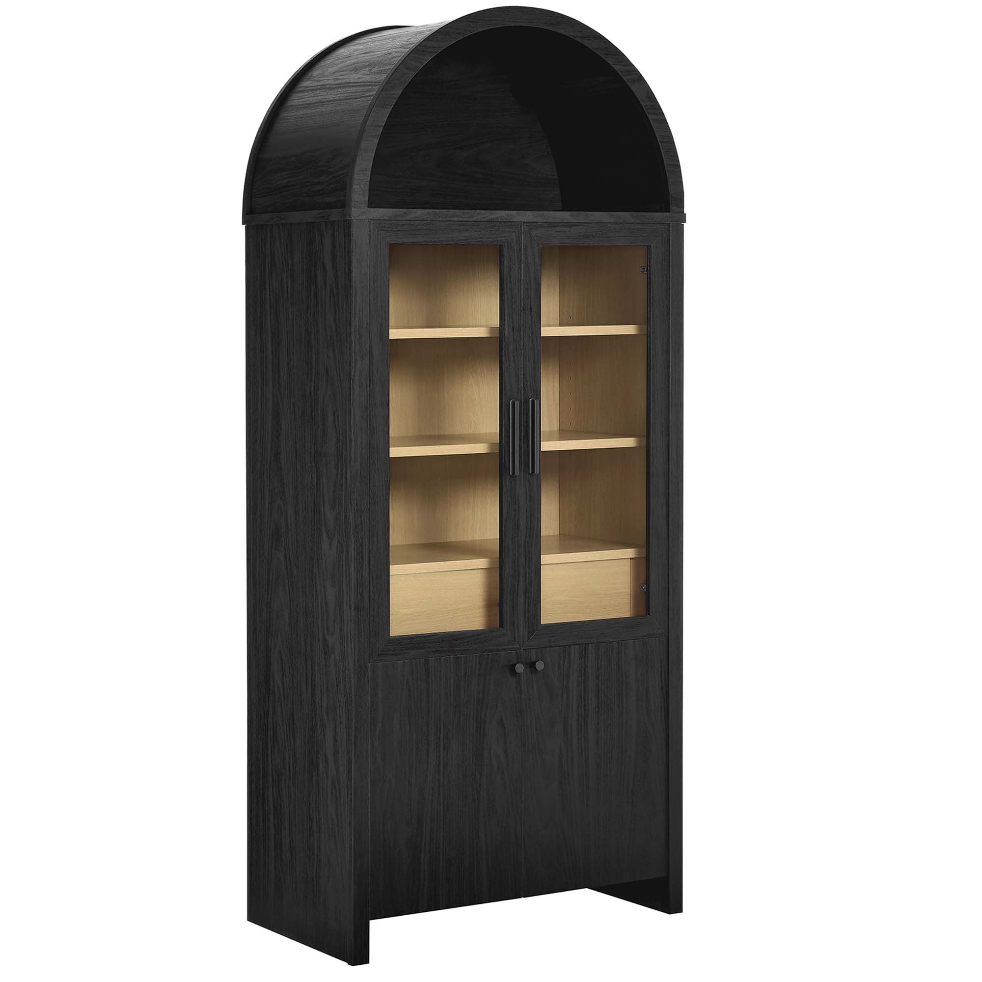 Evie Arched Black Oak Tall Display Cabinet with Glass Doors