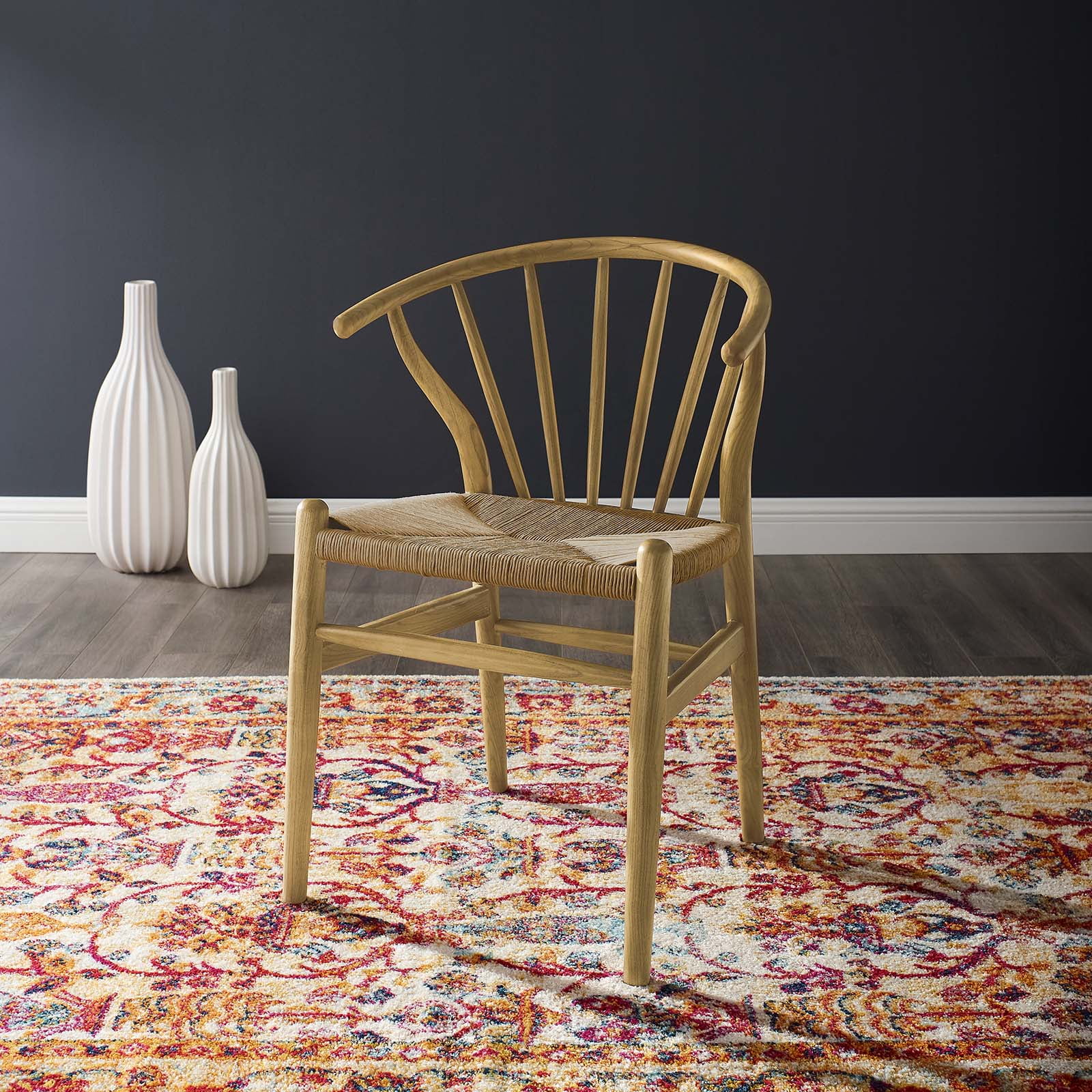 Natural Wood and Cane Slat Back Dining Side Chair