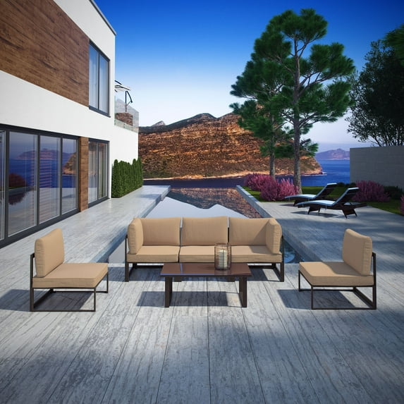 Modway Fortuna 6 Piece Outdoor Patio Sectional Sofa Set in Brown Mocha
