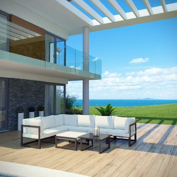 Modway Fortuna 8 Piece Outdoor Patio Sectional Sofa Set in Brown White