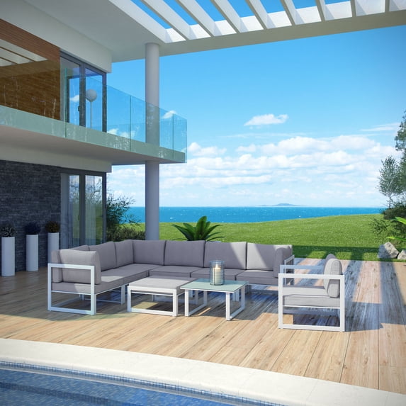 Modway Fortuna 9 Piece Outdoor Patio Sectional Sofa Set in White Gray