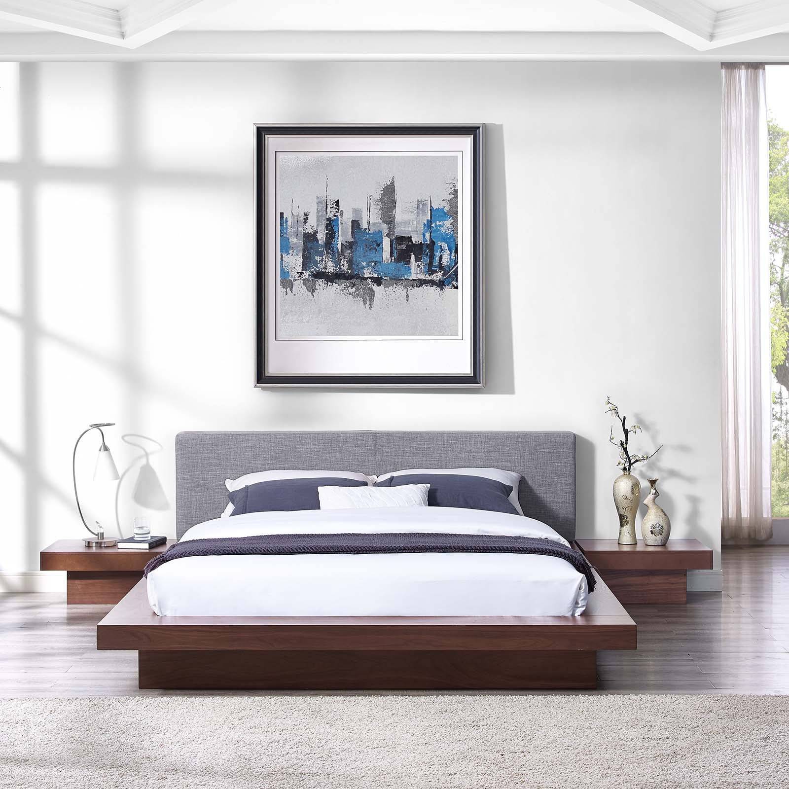 Freja Walnut and Gray Queen Platform Bed with Panel Headboard